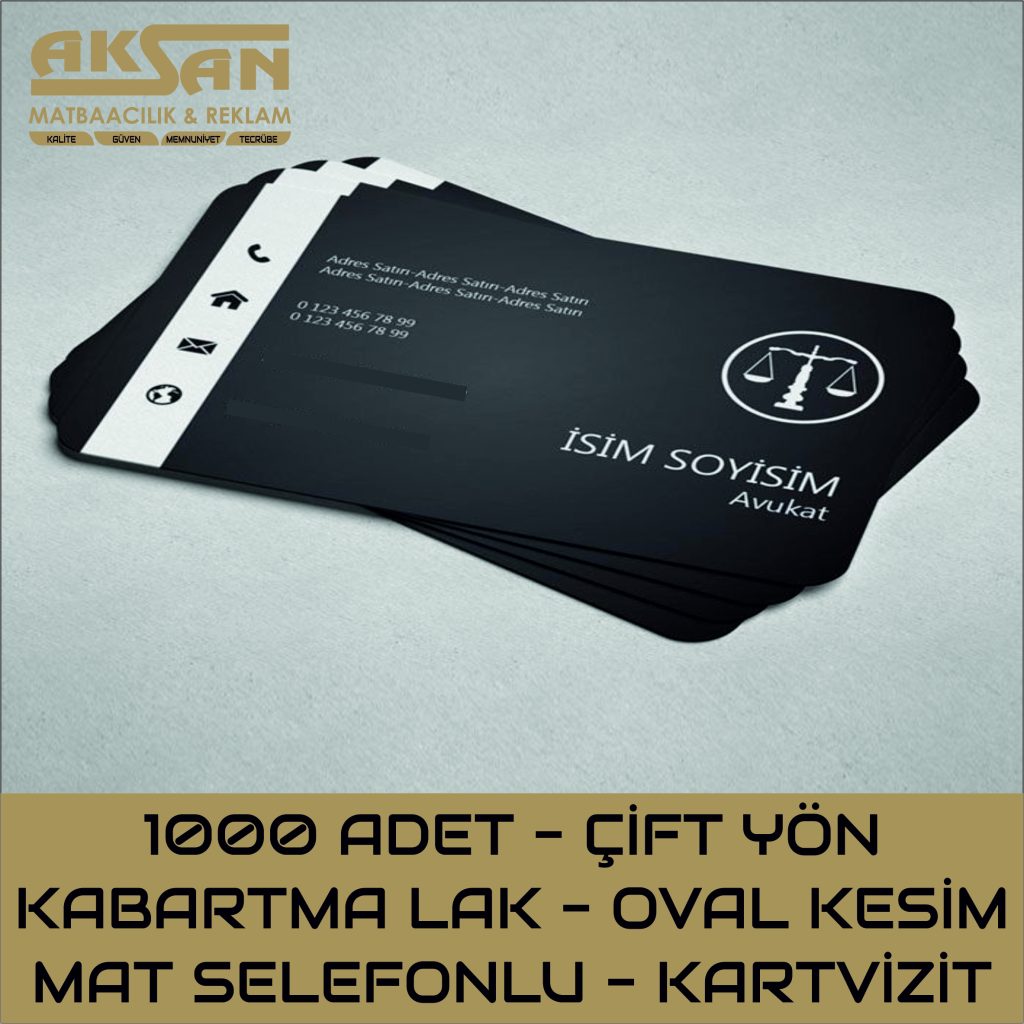 1000 ADET - ÇİFT YÜZ KABARTMA LAKLI - OVAL KESİM - MAT SELEFONLU KARTVİZİT